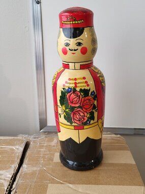 Vintage Matryoshka Soldier Russian Hand Painted Doll Vodka Bottle Holder BIN D